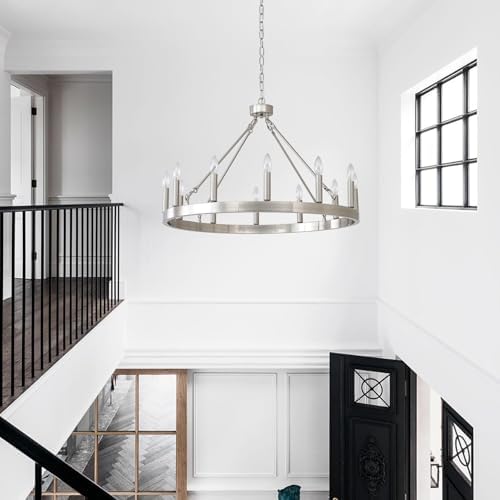 32" Silver Chandelier 12-Light Farmhouse Wagon Wheel Light Fixture - Image 2