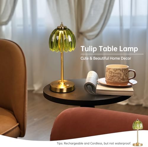 Shenmoyl Set of 2 Tulip Table Lamp with 5000mAh Battery & Touch Control, Cordless Table Lamp with 3 Colors, Dimmable Rechargeable Table Lamps for Bedroom, Living Room, Entryways (Green Tulip) - Image 6