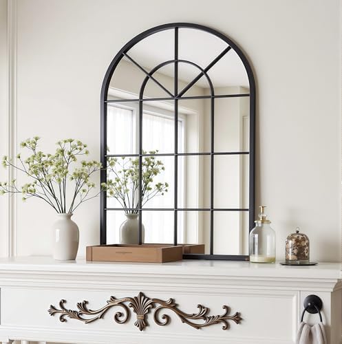 Dewfig Arched Wall Mirror, 42"x30" Metal Frame Windowpane Mirror, Black - Image 3