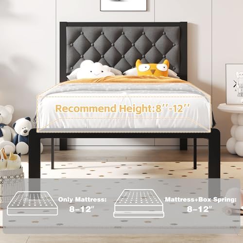 Fluest Twin Bed Frame with Headboard Linen Upholstered Bed Frame Platform,All Metal Slats Support Platform Bed Frame with Storage Space,Easy Assembly,Noise Free,No Box Spring Needed,Grey - Image 7