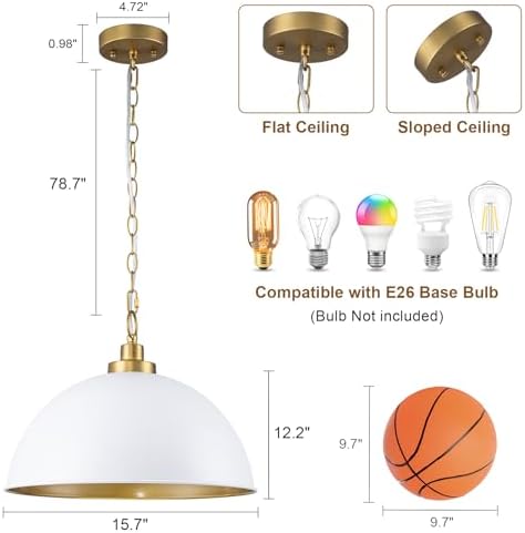 Lingkai Farmhouse Pendant Light Fixtures, 15.7" White and Gold Dome Pendant Lighting Kitchen Island, Adjustable Height Vintage Hanging Ceiling Lights for Kitchen Island Dining Room Foyer Restaurant - Image 3