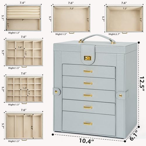 AKOZLIN 6-Tier Jewelry Box Organizer 5 Drawers Storage Grey Large - Image 2