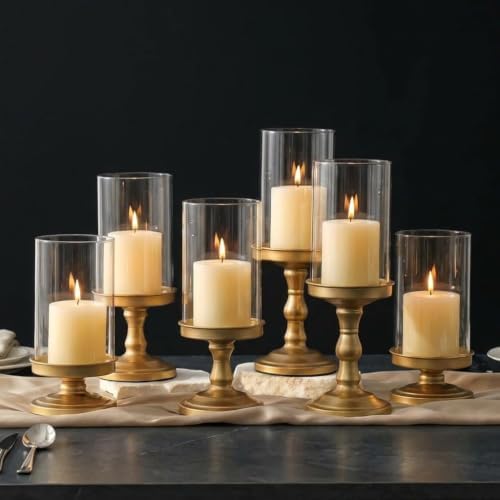 NUPTIO Hurricane Glass Candle Holders: Gold Pillar Candle Table Centerpiece by Nuptio