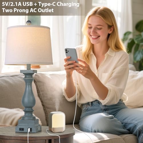 28" Tall Farmhouse Table Lamp with USB C+A Ports and AC Outlet, 3 Way Touch Control Rustic Bedside Lamp for Bedroom, Blue Vintage Nightstand Lamp for Living Room Office - Image 3