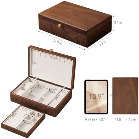 Black Walnut Wooden Jewelry Box, 2 Layer Large Necklace Organizer for Women - Image 6
