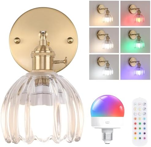 Shenmoyl Vintage Battery Operated Wall Sconce with Transparent Tulip Glass Lampshade Rechargeable Battery Powered Wall Light with Remote Control for Bedside Bedroom Doorway by Shenmoyl