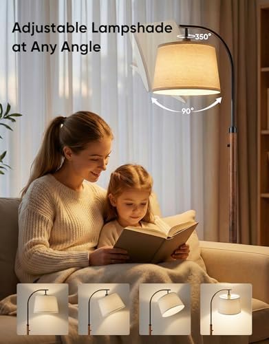Dimmable Floor Lamp for Living Room, 65" Tall Metal Standing Lamp with LED Bulb, Mid Century Modern Arc Floor Lamp with Linen Shade for Bedroom, Reading Room, Office & Nursery, Black and Rustic Brown - Image 6
