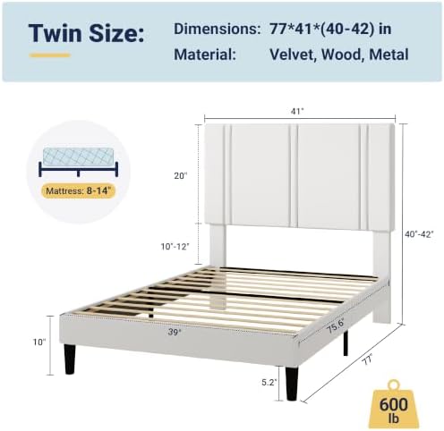 Allewie Twin Platform Bed Frame with Velvet Upholstered Headboard - Image 2