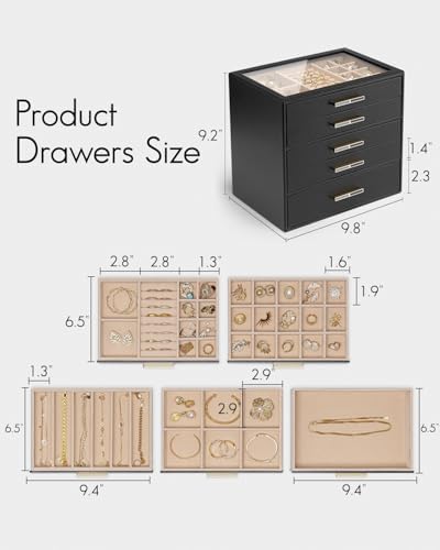 VLANDO 5 Layer Jewelry Box for Women, Glass Lid Jewelry Organizer with 5 Drawers for Necklaces Rings Earrings Bracelets - Black - Image 5
