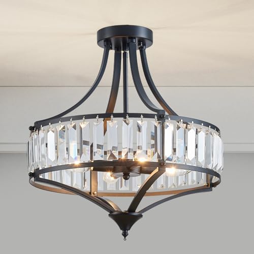 Black Crystal Chandelier Semi Flush Mount Ceiling Light Fixture Round Rustic Farmhouse 4-Light Mid Century Modern Chandelier for Hallway, Bedroom, Foyer, Entryway, Closet by Majhoiw