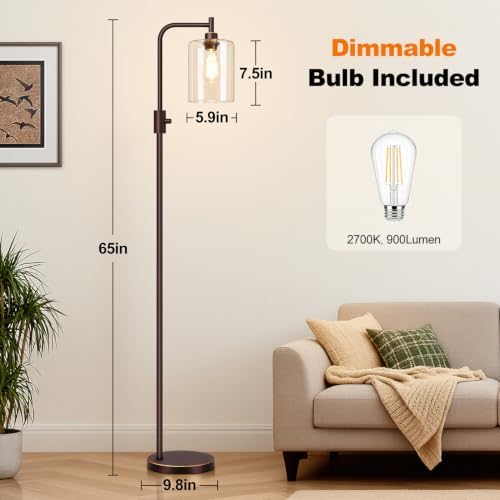 【Upgraded】 Dimmable Floor Lamp for Living Room with Glass Lampshade, Brown with GoldEdge Modern Floor Lamp with 900LM LED Bulb Included, Standing Tall Lamp for Bedroom, Office, Reading Room, Corner - Image 7