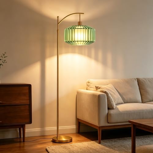 QIYIZM Green Floor Lamp for Living Room,Bedroom,Glass Standing Lamp with Remote Dimmable,Arc Mid Century Modern Vintage Tall Lamp Gold Brass Floor Lamps Flower Retro Floor Light Lamp Bohemian Boho - Image 6