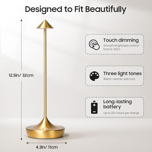 Cordless LED Table Lamp, Rechargeable, 3 Color Dimmable, Gold - Image 6