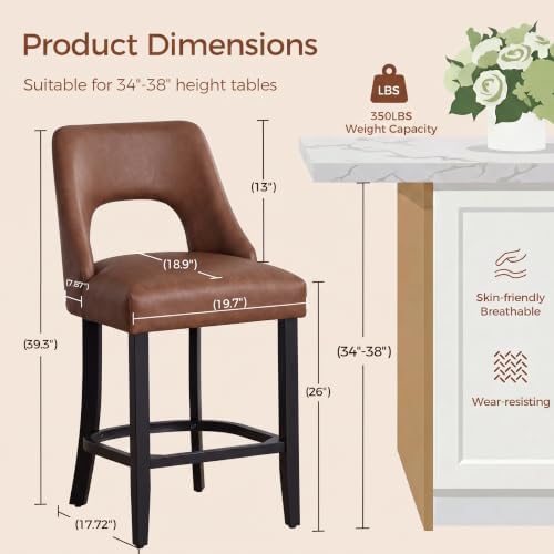 UVV Bar Stools Set of 4, Modern Upholstered Counter Height Bar Stools, Faux Leather Counter Stools BarStools with Wood Legs for Kitchen Island Dining Room Bar, Brown - Image 2