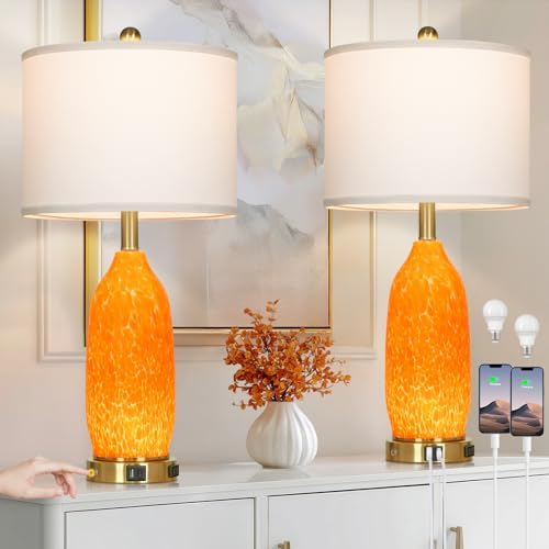 Rinweey 26" Modern Orange Glass Table Lamp Set of 2,Bedside Lamps with USB A+C Ports & AC Outlet, Nightstand Lamp with 3-Way Dimmable Touch Control Night Light for Bedroom Living Room(Bulbs Included) by Rinweey