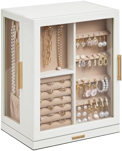 Glimmloop 360° Rotating Jewelry Box with 5 Drawers, Spacious Vertical Jewelry Organizer with Glass Window, Jewelry Storage Case, Dustproof & Moisture-resistant Design, White by Glimmloop