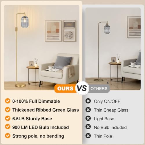 【Upgraded】 Dimmable Floor Lamp for Living Room with Gray Ribbed Glass Lampshade, Gold Modern Floor Lamp with 900LM LED Bulb Included, Arc Standing Tall Lamp for Bedroom, Office, Reading Room, Corner - Image 2