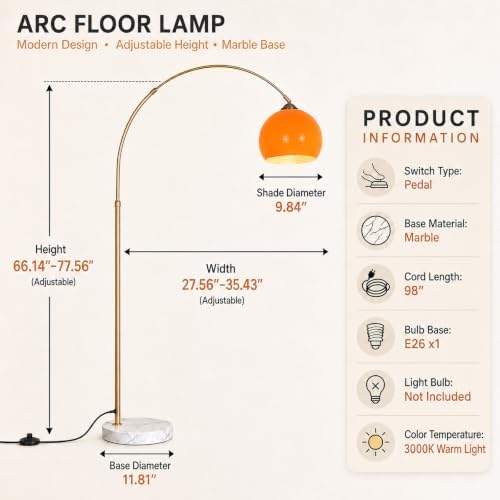 Mid Century Modern Orange Arc Floor Lamp,Gold Body,for Living Room - Image 7