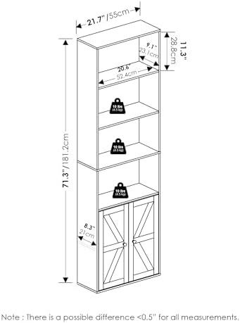 Furinno Jensen Farmhouse Style 6-Tier Book Shelf with Doors, White - Image 3