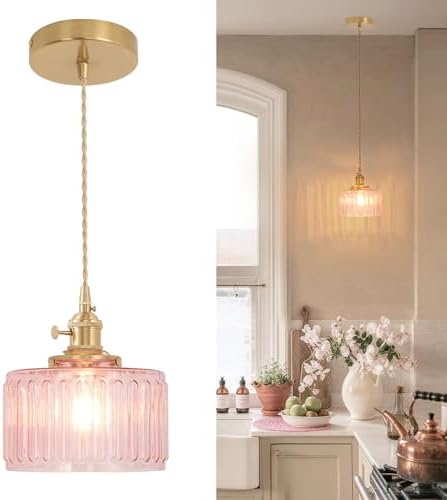 Shenmoyl Pendant Light with Pink Striped Glass Lmapshade, Brass Vintage Pendant Light Adjustable Hanging Light for Kitchen Island Dining Room Hallway by Shenmoyl