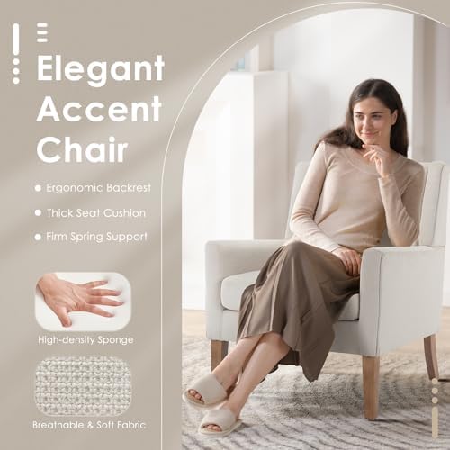 COLAMY Modern Wingback Living Room Chair, Upholstered Fabric Accent Armchair, Single Sofa Chair with Lounge Seat and Wood Legs for Office/Bedroom/Reading Spaces, Beige - Image 3