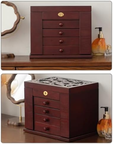 Changsuo Wooden Jewelry Box for Women, Organizer Box of Solid Wood with Lock and Key for Jewelries, Watches, Necklace, Ring, Lockable Storage Case (Burgundy) - Image 7