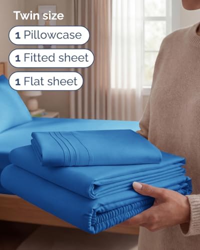 Twin Size 3 Piece Sheet Set - Breathable & Cooling Sheets - Royal Blue - Image 3