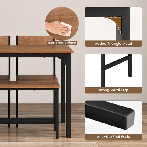 COSTWAY Dining Table Set for 4 w/Bench & 2 Chairs, Storage Racks, Brown - Image 3