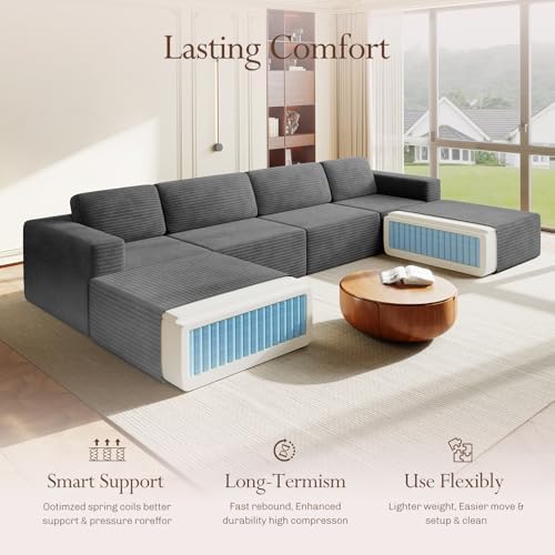 Vesgantti 159" Large Modular Sectional Sofa, U-Shaped Corduroy Cloud Couch with Deep Seats & Spring Support, 4-Seater Boneless Sofa with 2 Movable Ottomans, No Assembly Needed, Grey - Image 3