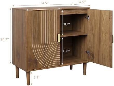 Smuxee Walnut Sideboard Cabinet, Freestanding Buffet Cabinet with Line Groove Design, Wood Storage Cabinet with Adjustable Shelf for Living Room, Entryway, Hallway - Image 2
