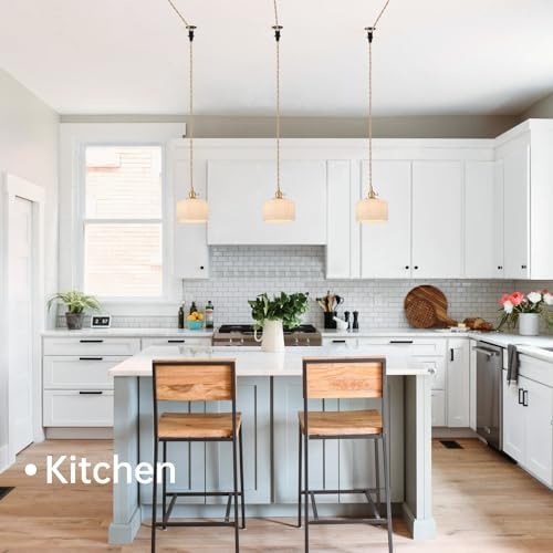 Shenmoyl Plug in Pendant Light Hanging Light Fixture Corded On/Off Switch Brass Pendant Light with White Striped Glass Lampshade for Bedroom Living Room Kitchen Island - Image 3