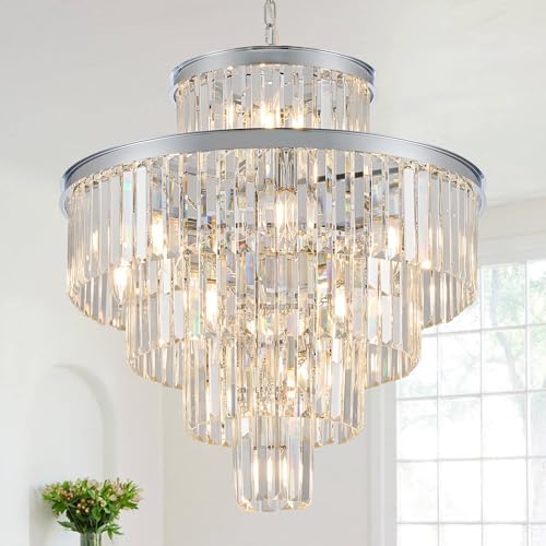 CATINER 24" Modern Crystal Chandeliers,15-Light Chrome Round Light Fixture by CATINER