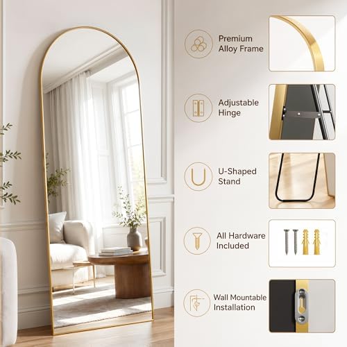 Antok Full Length Mirror, 71"x26" Floor Mirror with Stand, Gold, Arched - Image 3