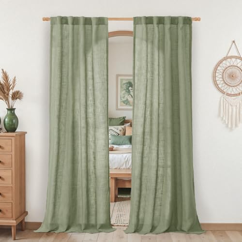 LAMIT Sage Green Linen Boho Curtains 80 inch Length 2 Panels for Doorway by LAMIT