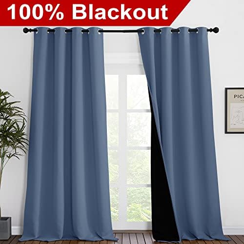 NICETOWN Cold Reducing Curtains, 100% Sun Blocking Curtains, Sound Proof Drapes with Black Backing, Full Light Blocking Panels for Patio Sliding Door (Stone Blue, 1 Pair, 55 inches x 102 inches) - Image 2