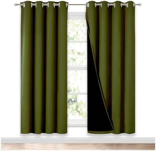 NICETOWN 100% Blackout Window Curtain Panels, Olive Green, 2 Pieces, 52-inch Wide Per Panel, Full Light Blocking Drapes with Black Liner for Nursery, 72-inch Drop Thermal Insulated Draperies by NICETOWN