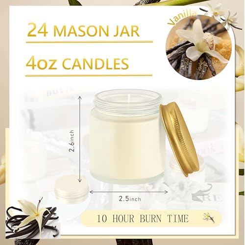 24 Pcs 4 Oz Mason Jar Candles, Vanilla Scented Soy Candles Bulk Set for Stress Relief and Relaxation, Great Favors for Wedding, Christmas, Housewarming Gifts (Gold,Frosted Glass, Vanilla, 24) - Image 2