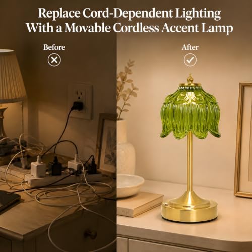 Lotus Flower Table Lamp, Cordless Rechargeable Amber Glass Bedside Lamp | 3600mAh Battery, Touch Control, 3 Color Modes & Stepless Dimming for Bedroom, Nightstand Beryl Green 1PC - Image 6