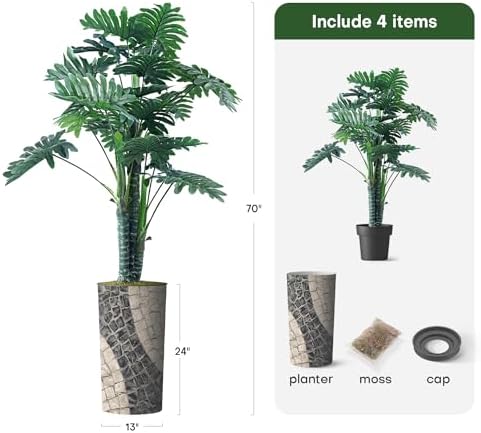 Artificial Tree in Geometric Pattern Planter, Fake Philodendron Tree Silk Tree for Indoor and Outdoor Home Decoration - 70" Overall Tall (Plant Pot Plus Tree) - Image 3