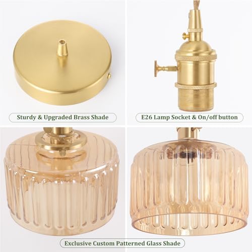 Shenmoyl Pendant Light with Amber Striped Glass Lmapshade, Brass Vintage Pendant Light Adjustable Hanging Light for Kitchen Island Dining Room Hallway - Image 5