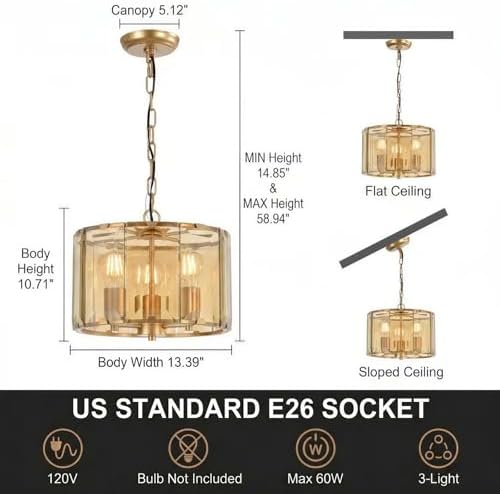 Gold Chandeliers for Dining Room,3-Light Pendant Lights Kitchen Island Round, Height Adjustable Modern Dining Room Light Fixture over Table for Kitchen Entryway Foyer Living Room, UL Listed, 13 Inch - Image 6
