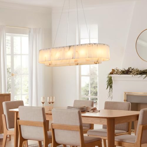 L40in Alabaster Rectangular Chandelier for Dining Room, Modern White Marble Oval Chandeliers for Kitchen Island, Rectangle Chandelier for Dining Table (Dimmable Bulbs INCL) - Image 3