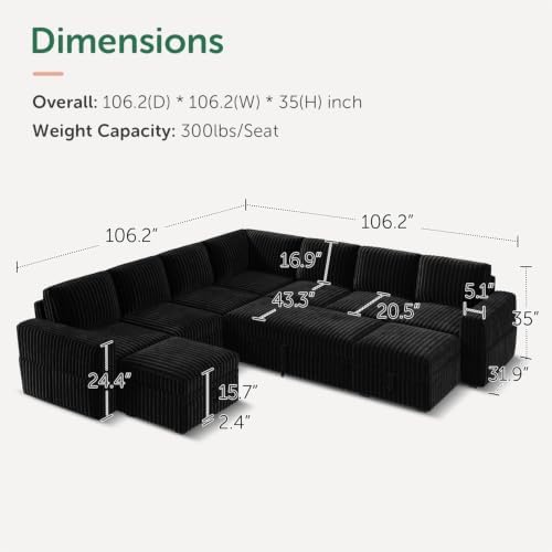 HONBAY Modular Sectional Sleeper Sofa with Pull Out Bed Oversized Corduroy L Shaped Sofa Bed with Storage Couches for Living Room,Black - Image 2