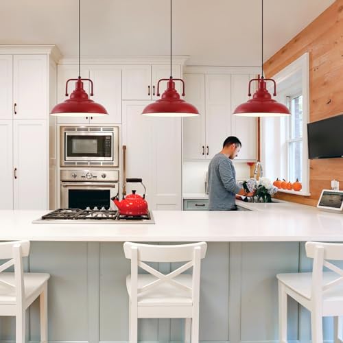 Red Farmhouse Pendant Lights 3 Packs, Metal Pendant Lights Kitchen Island, Industrial Pendant Light, Hanging Island Pendant Light, Barn Light for Kitchen, Living Room, Bedroom, Hallway - Image 4