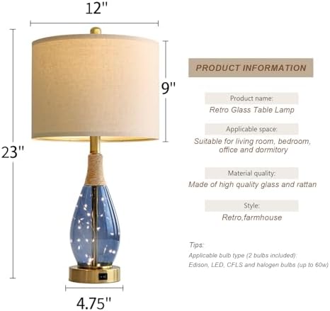 OYEARS 23" Table Lamps for Living Room Set of 2 Bedside Lamps for Night Stands Bedroom Lamps Farmhouse Rattan Boho Lamp Glass Nightlight End Table Lamp with USB C+A (Blue),Two Light Points - Image 7