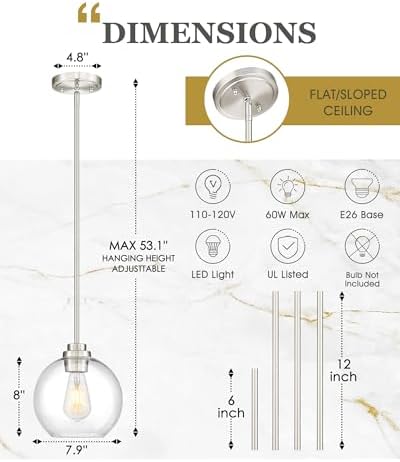 Pendant Lights Kitchen Island, 8" Brushed Nickel Pendant Light Fixtures with Globe Clear Glass Shade, Modern Kitchen Island Lighting for Bathroom, AD-22280-1PL-SN - Image 2