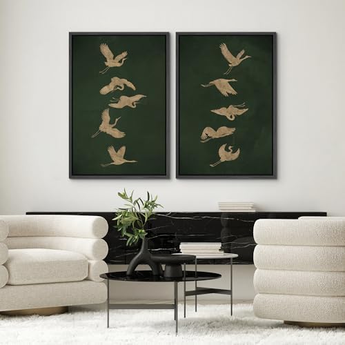SIGNWIN Framed Canvas Print Wall Art Set Golden Cranes in Flight on Deep Green Illustrations Modern Art Rustic Colorful Ultra for Living Room, Bedroom, Office - 24"" x36 x2 Black - Image 2