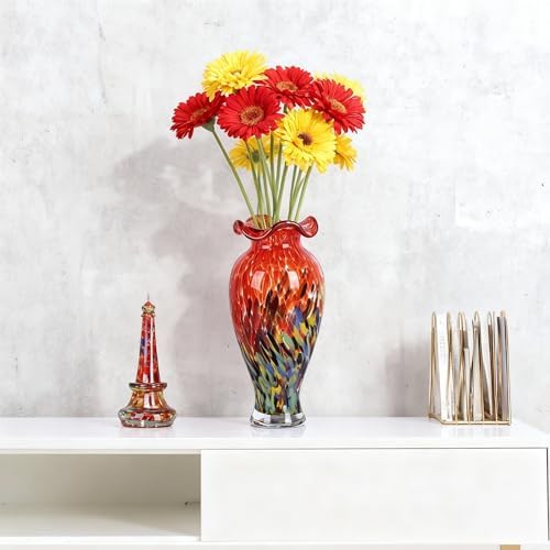 12.2H Murano Hand Blown Glass Vase, Ruffled Scalloped Rim Wide Mouth Colorful Decorative Flower Vase, Large Glass Centerpiece for Living Room, Bathroom, Office, Bookshelf, Entryway, Mantel Decor (Red) - Image 5