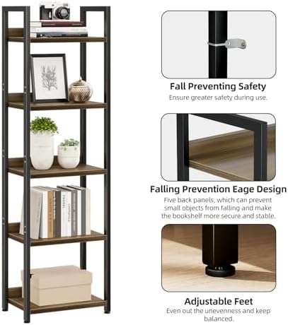 NUMENN Narrow Bookshelf, 5 Tier Freestanding Shelving Unit, Dark Walnut - Image 6
