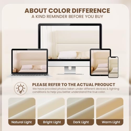 GRUSIGN Queen Size Platform Bed Frame with Velvet Headboard, Adjustable Height Wooden Slats Support, Upholstered Mattress Foundation, Fits Mattress or Mattress with Box Spring, Easy Assembly, Beige - Image 4